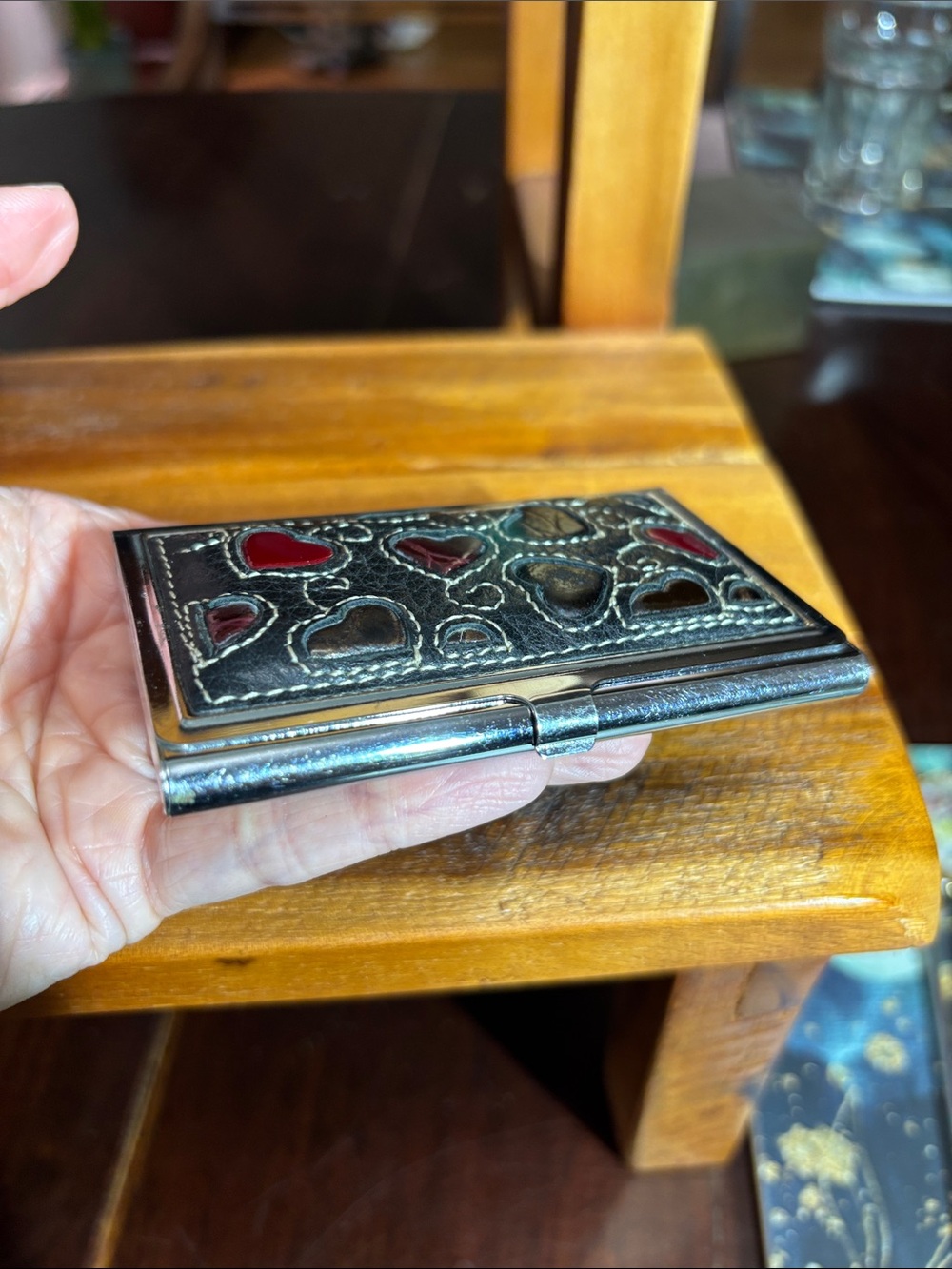 Brighton leather business card holder or box red & brown heart silver-tone frame - Picture 6 of 9